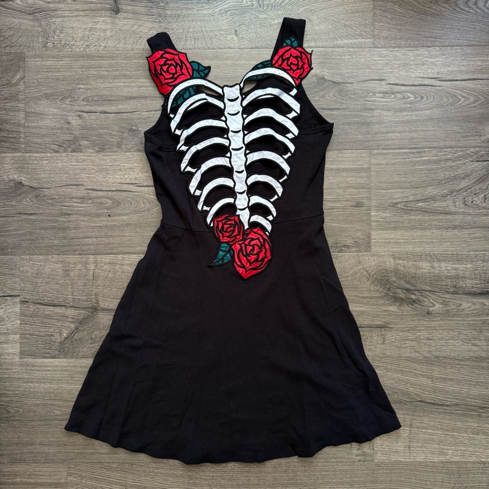 Hell Bunny Faded Black Rib N Rose Skeleton Dress Medium Women Vintage Emo Grunge